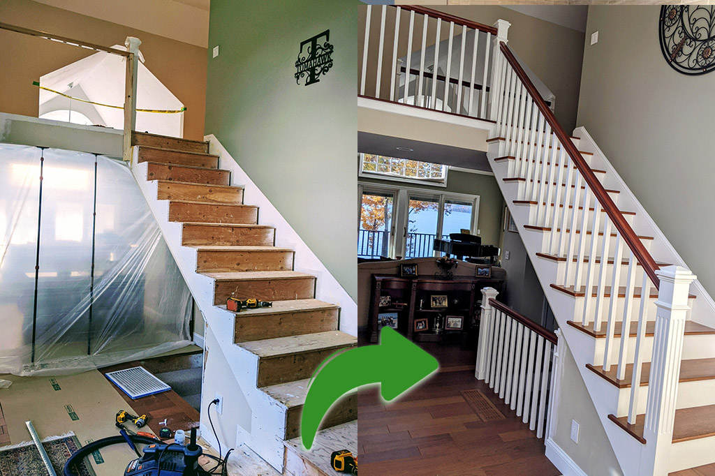 Staircase remodel showing the before and after